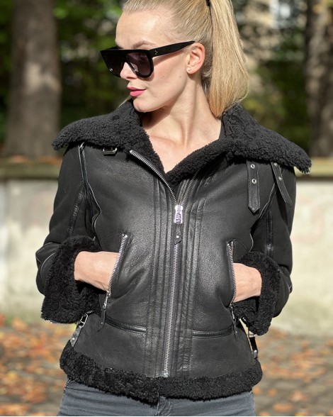 Bunda dámská Kara černá s kožíškem "pilotka"